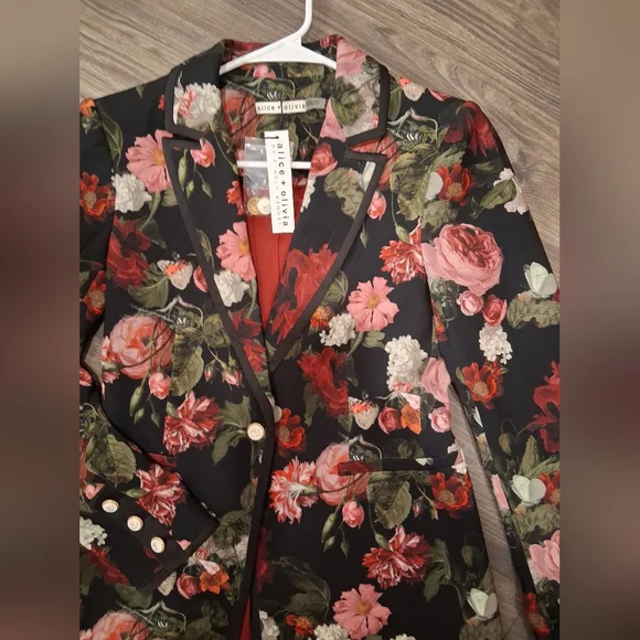 Alice + Olivia Breann Black Floral Slim-fit Blazor - Pink And Red - Size 6 - NWT - Picture 9 of 12